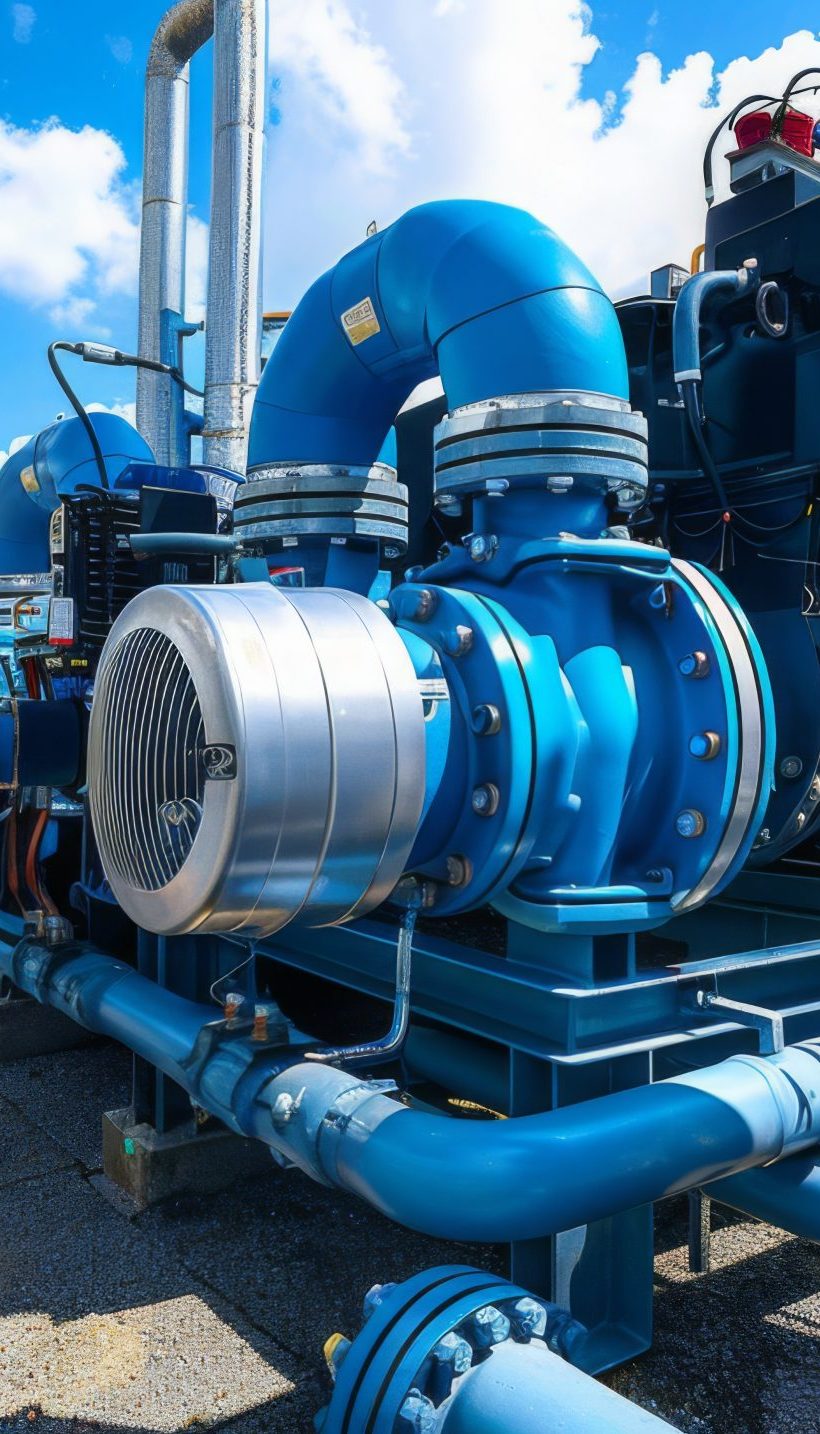 Blue Industrial Pumps at Outdoor Facility on a Sunny Day